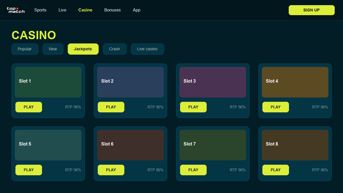 Topmatch casino catalogue: slots, live tables and fast games