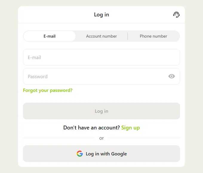Topmatch sign-in form with e-mail, account number and phone tabs