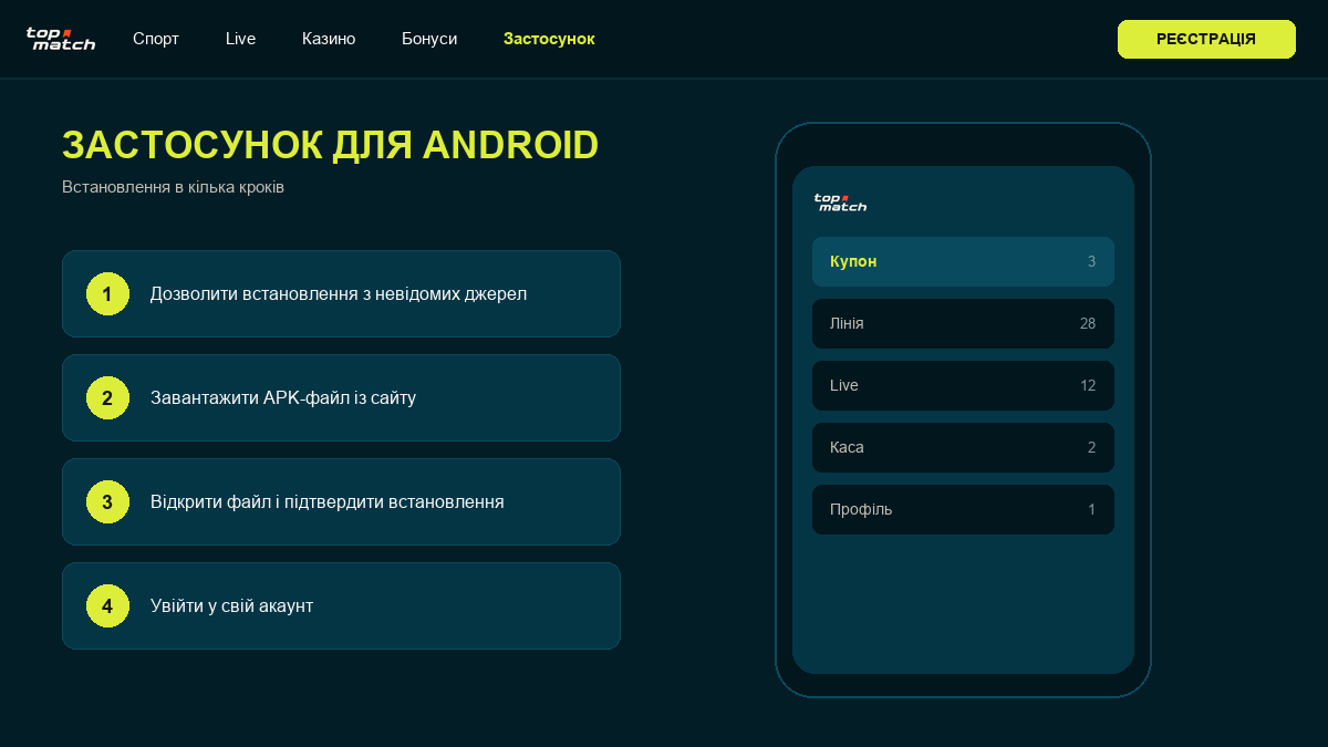 Застосунок Topmatch на екрані смартфона Android